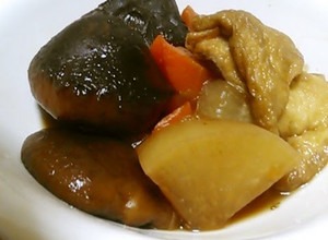 A picture of Simmered Daikon Radish, Carrot, Shiitake Mushrooms and Aburaage.