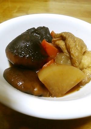A picture of Simmered Daikon Radish, Carrot, Shiitake Mushrooms and Aburaage.