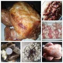 A picture of Roast Chicken with stuffing and very fat pigs in blankets.