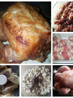A picture of Roast Chicken with stuffing and very fat pigs in blankets.