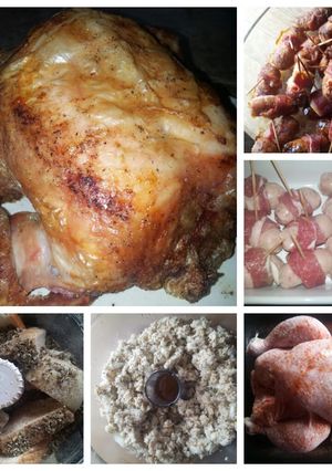 A picture of Roast Chicken with stuffing and very fat pigs in blankets.