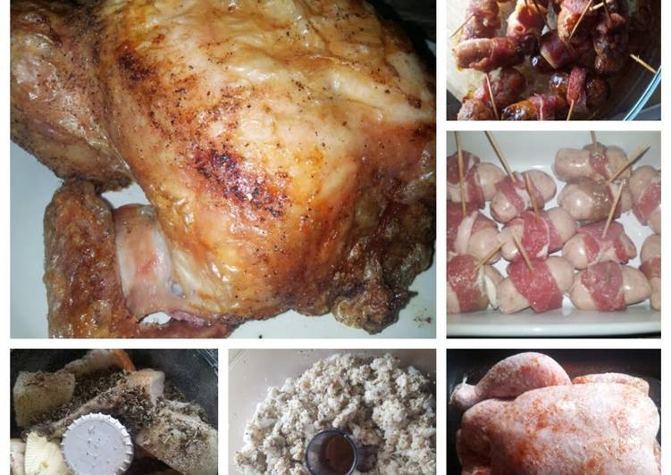 Recipe of Perfect Roast Chicken with stuffing and very fat pigs in blankets