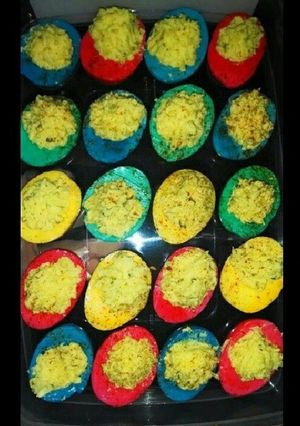 A picture of Colored deviled eggs.
