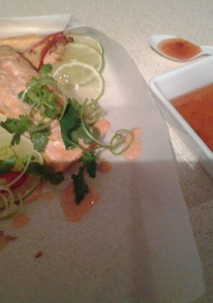 A picture of Red coconut curry salmon.