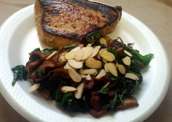 Paleo Seared tuna with citrus marinade and sauted spinach with mushrooms, onions, and bacon