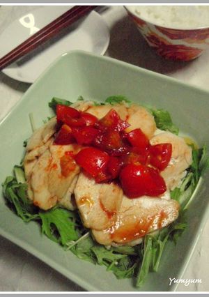 A picture of Boiled Chicken with Spicy Hot Tomato Ponzu Sauce.