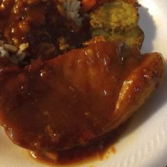 Seared Porkchops simmered in barbeque onion sauce A picture of Seared Porkchops simmered in barbeque onion sauce.