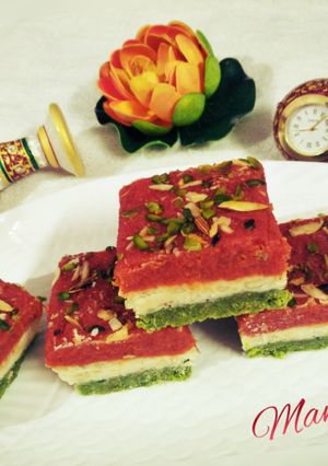 A picture of Tricolor Burfi (With Carrot,Paneer and peas-Natural ingredients).