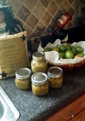 A picture of green tomatoes jalapeño relish..