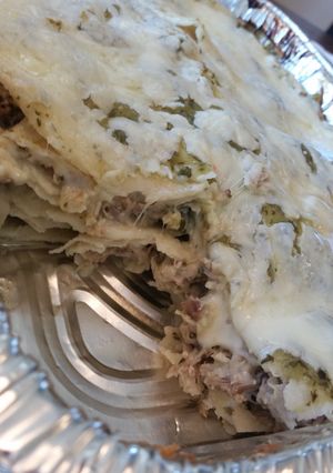 A picture of Green chicken enchilada casserole.