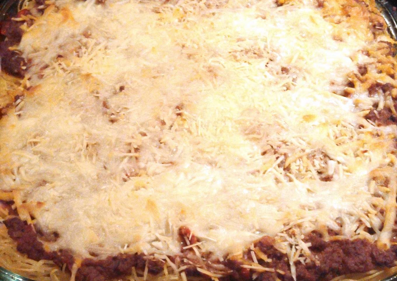 Layers of baked spaghetti