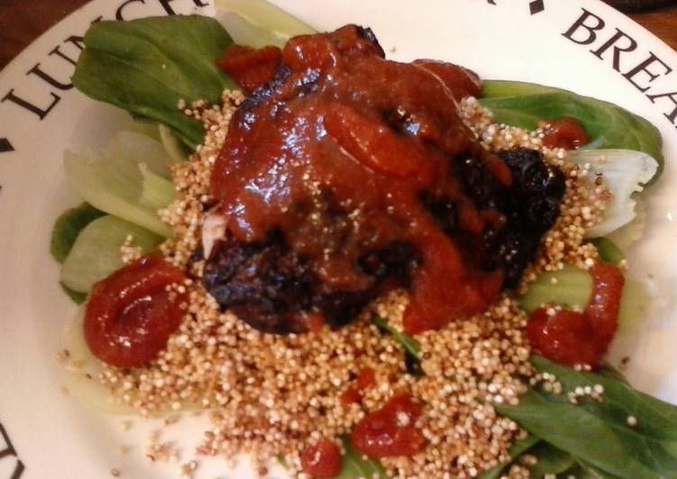BBQ Chicken Quinoa on a bed of pak choy