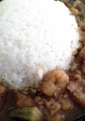 A picture of Easy shrimp and fish gumbo with rice.