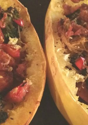 A picture of Spaghetti Squash and Sausage Broccoli Bake.