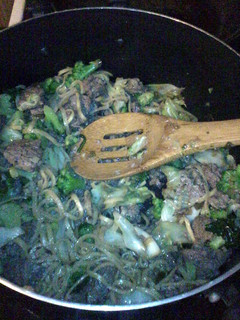 A picture of beef with lomein noodles.