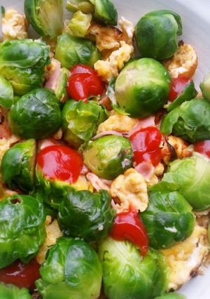 A picture of Colourful Scrambled Eggs with Brussels Sprouts.