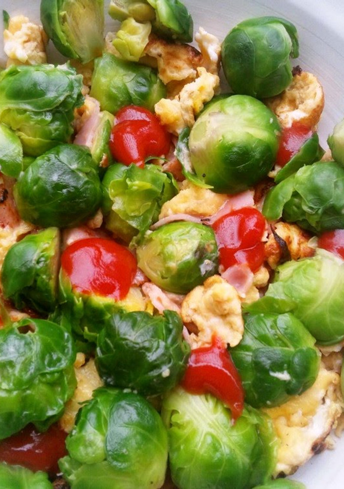 A picture of Colourful Scrambled Eggs with Brussels Sprouts.