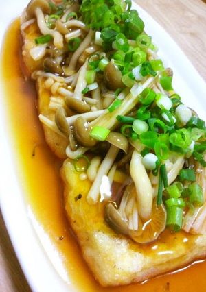 A picture of Easy Agedashi Tofu with Savory Mushroom Sauce.