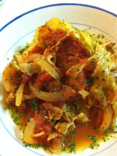 A picture of Pork Belly and Cabbage Simmered in Canned Tomatoes.