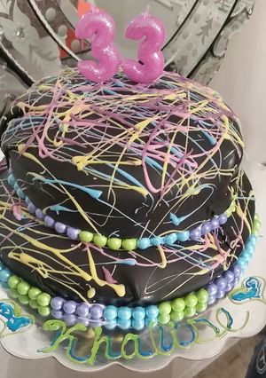 A picture of Paint drip neon tie dye birthday cake😆.