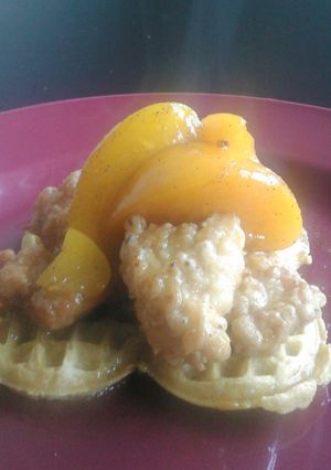 A picture of Chicken and waffles with love.