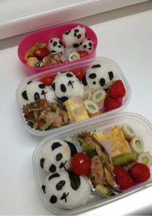 A picture of Easy Panda Onigiri (Rice Balls) Character Bento.