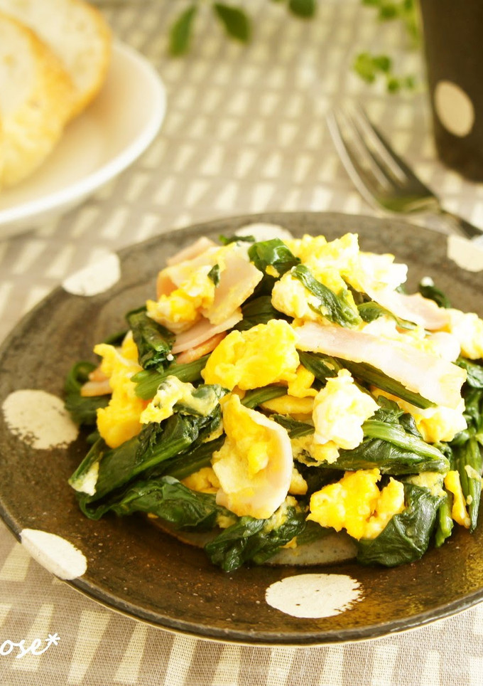 A picture of Sautéed Spinach with Bacon and Eggs.