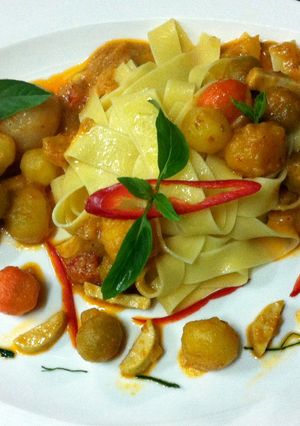 A picture of Tagliatelle In Sweet Potato Red Curry Sauce.