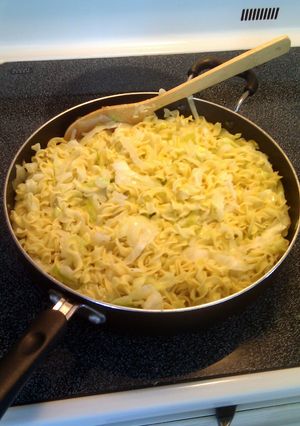 A picture of Haluski (noodles with cabbage and onion.