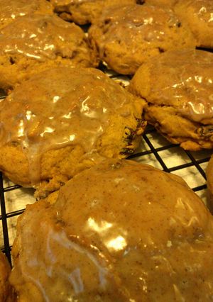 A picture of "Pumpkin Cookies" - with nuts & raisins & cinnamon glaze.......