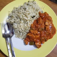 Chicken shashlik with garlic rice A picture of Chicken shashlik with garlic rice.