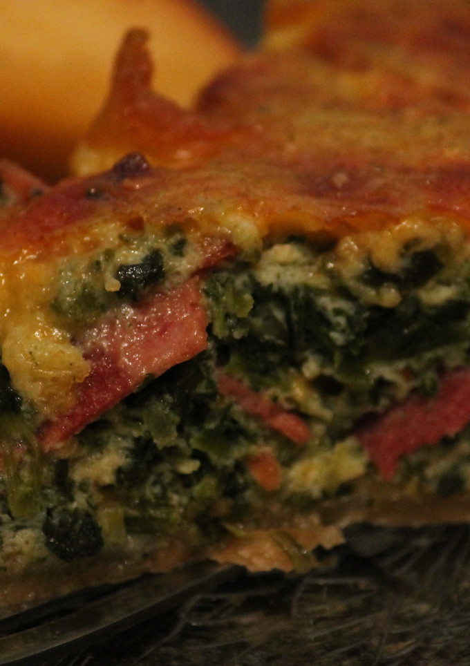 A picture of kale,bacon & hash quiche.