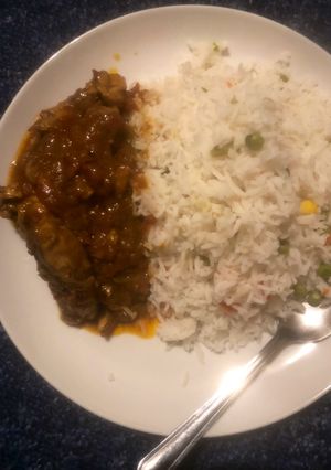 A picture of White rice and chicken curry.