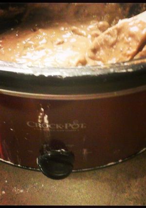 A picture of Venison nuggets in mushroom gravy.