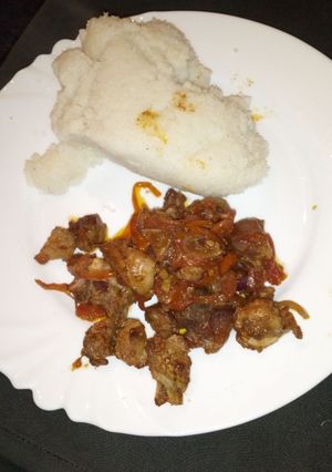 A picture of Wet fry beef with ugali.