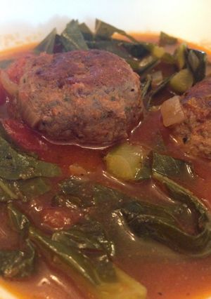 A picture of Mimi's Meatballs, Potatoes & Collards.