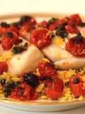 Extra Virgin Olive Oil Poached Cod with Roasted Tomatoes and Fried Capers