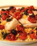 Extra Virgin Olive Oil Poached Cod with Roasted Tomatoes and Fried Capers