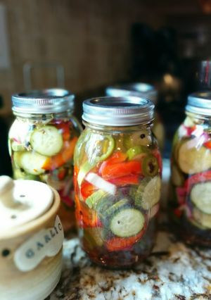 A picture of Spicy Dill Pickles with Jalapenos.