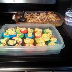 A picture of colored deviled eggs.