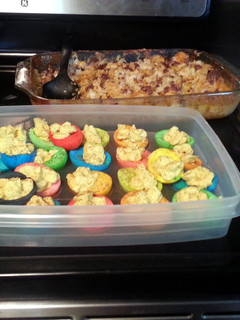 A picture of colored deviled eggs.