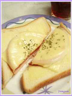 A picture of Toast with Ham, Tomatoes, and Cheese.