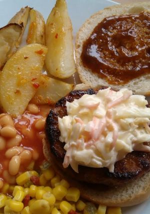 A picture of Vickys Homemade Pulled Pork Burgers, GF DF EF SF NF.