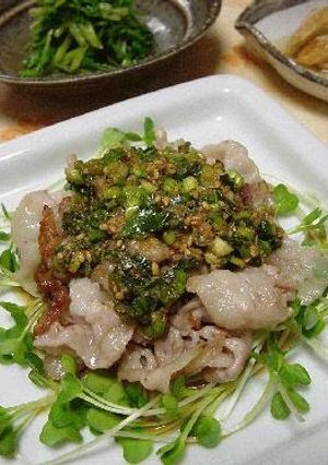 A picture of Pork Belly with Sweet and Sour Onion Sesame Sauce.