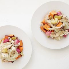 A picture of Sautéed Chicken and Apples with Roasted Sweet Potatoes and Radishes.