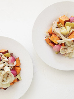 A picture of Sautéed Chicken and Apples with Roasted Sweet Potatoes and Radishes.