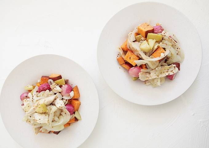 Simple Way to Prepare Favorite Sautéed Chicken and Apples with Roasted Sweet Potatoes and Radishes