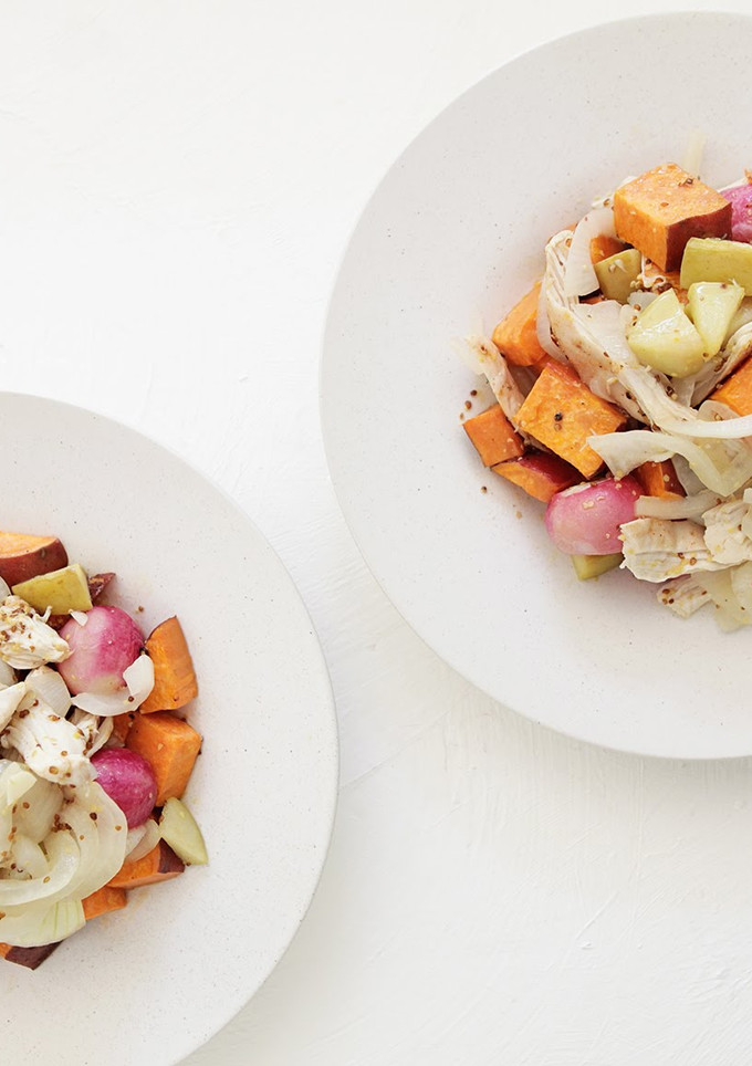 A picture of Sautéed Chicken and Apples with Roasted Sweet Potatoes and Radishes.