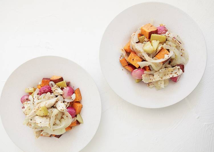 Recipe of Homemade Sautéed Chicken and Apples with Roasted Sweet Potatoes and Radishes