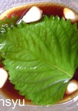 A picture of Soy Sauce and Garlic Pickled Shiso Leaves.